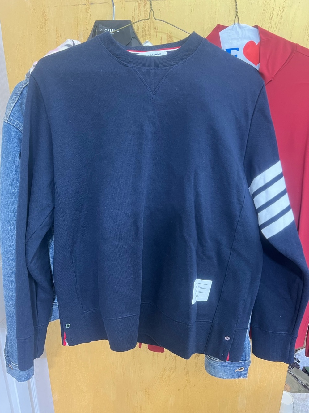 Thom Browne Navy Crewneck Sweatshirt with White Arm Stripes
